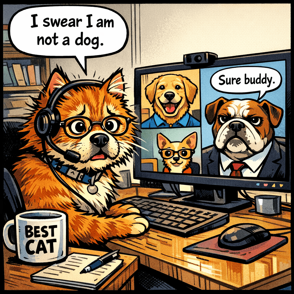 Chester the cat has been working from home for the past year, but today's video call with the dog-dominated marketing team has gone horribly wrong. Someone installed a dog filter as a prank, and now his coworkers think he's been a dog impostor all along. Can Chester clear his name before the big presentation?