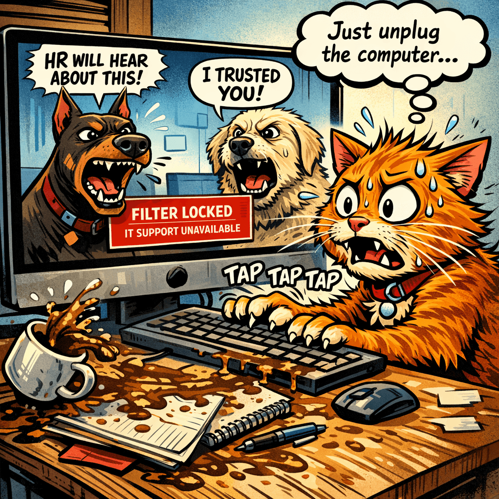 The dogs are NOT having it. Chester frantically mashes every key trying to disable the filter, but IT support is conveniently offline. His coffee goes flying. HR threats are being made. And the big presentation starts in 5 minutes...