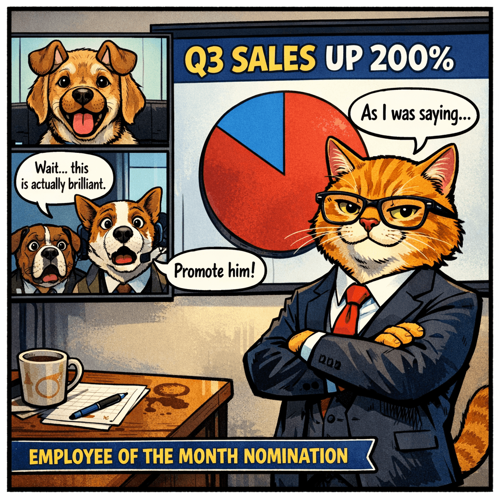 Plot twist! Chester decides to just roll with it and delivers the presentation anyway — dog filter and all. His confidence is so infectious that the dogs completely forget about the identity crisis. Turns out Q3 numbers are through the roof, and suddenly nobody cares if he's a cat, dog, or sentient toaster. Employee of the Month, here he comes!