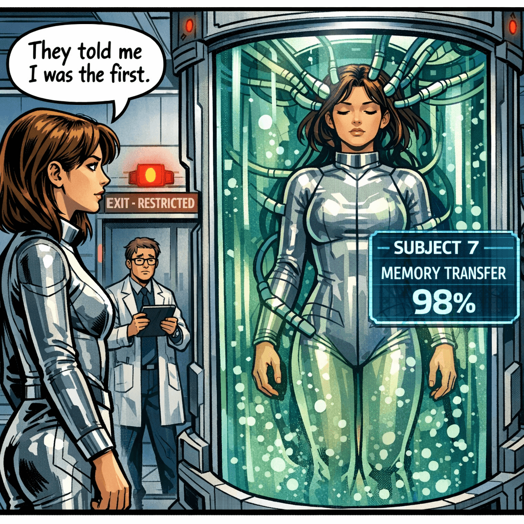 Dr. Elena Vance thought she was volunteering for a simple cognitive enhancement trial. She was told she'd be the first. But when she woke up early from sedation and wandered into Lab C, she found Subject 7 — a perfect copy of herself, memories and all, floating in a growth pod. The scientists never expected her to discover the truth: she isn't the original. She's Subject 6. And Subject 7 is almost ready.