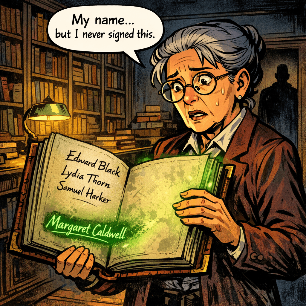 Margaret Chen has been the head librarian at Ashworth Library for 32 years. Tonight, while cataloging rare acquisitions, she discovered a book that wasn't in any record — a leather ledger filled with names dating back centuries. Every name she recognizes is someone who died under mysterious circumstances. And there, at the very bottom of the last page, written in ink still wet: her own name. She didn't write it. But someone — or something — did.