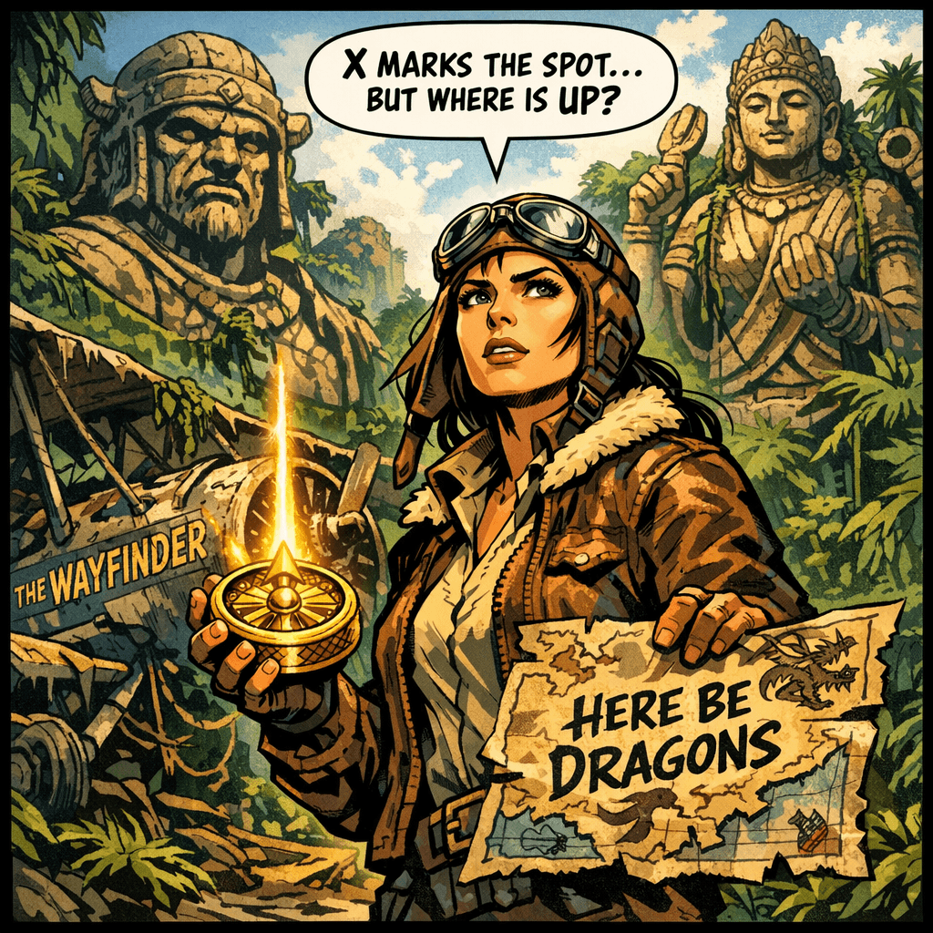 Captain Amelia Cross has crashed planes on six continents, but never like this. Following her grandfather's cryptic map to the Lost Temple of Aethon, she didn't expect the ancient compass to start pointing... upward. The jungle ruins around her predate any known civilization, and the stone gods watching from the treeline look almost alive. Whatever treasure lies at the end of this trail, it's not on any map. It's in the sky.