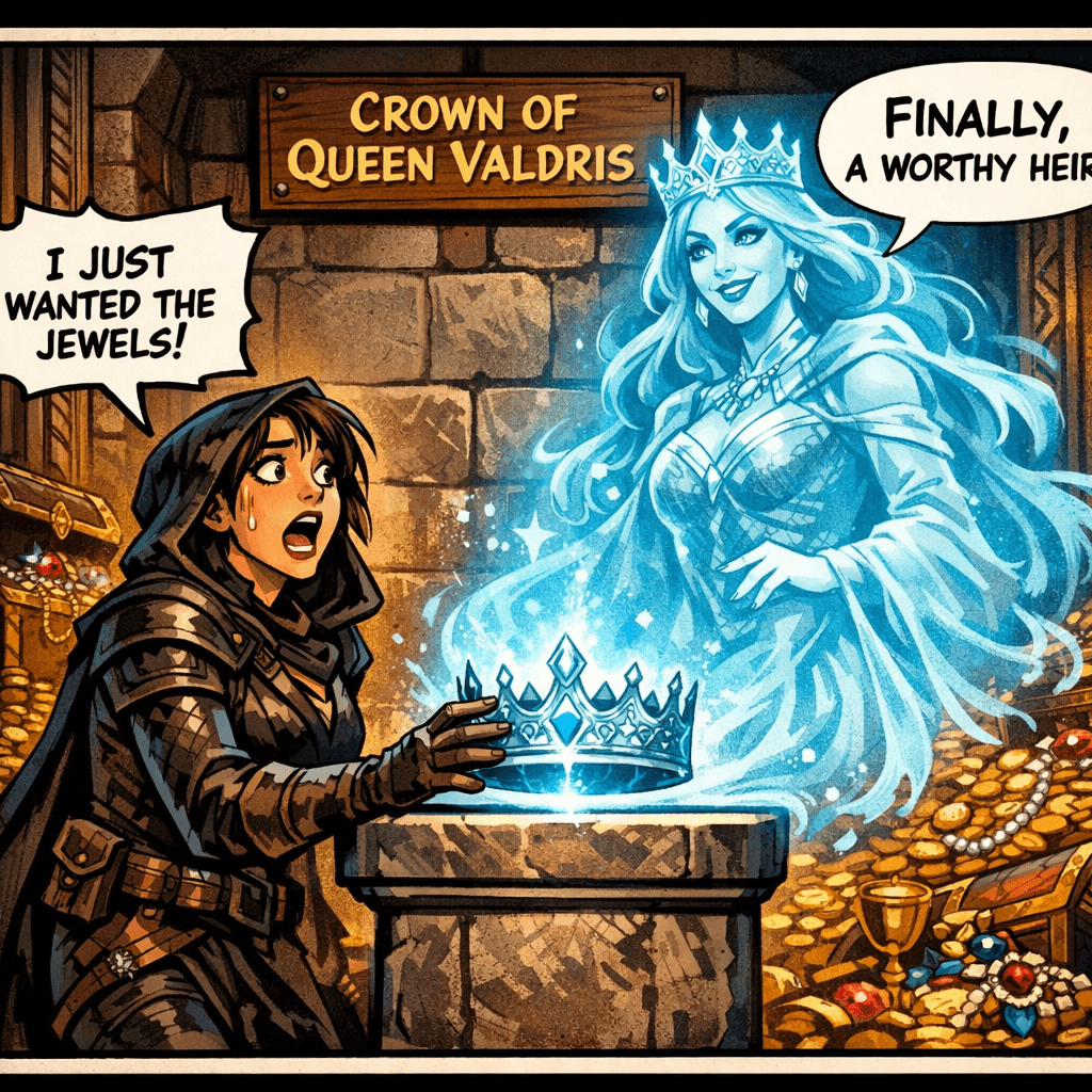 Sera was the best thief in the kingdom — until she touched the Crown of Queen Valdris. Now the ghost of the ancient queen has declared her the rightful heir to the throne, and refuses to leave. Sera just wanted to fence some jewels and retire to a beach somewhere. Instead, she's got a 500-year-old spirit following her around, demanding she learn royal etiquette, and an entire kingdom's worth of problems she never asked for.