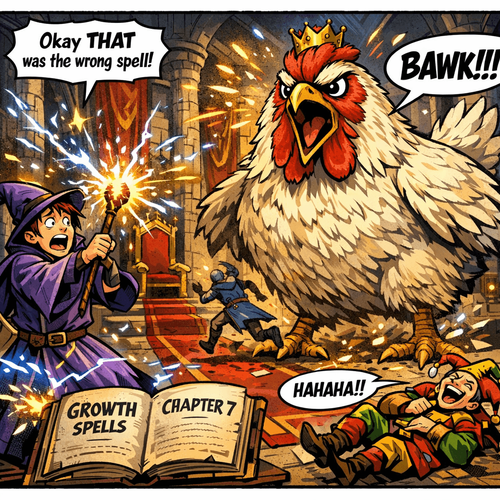 Thaddeus grabbed his spellbook and tried the first reversal spell he could find. Unfortunately, in his panic, he grabbed the wrong chapter. Now the king is still a chicken — but a GIANT chicken the size of a horse. The guards are fleeing in terror. The jester has literally collapsed from laughter. And Thaddeus is starting to think maybe he should have paid more attention during "Basic Spell Safety" class.
