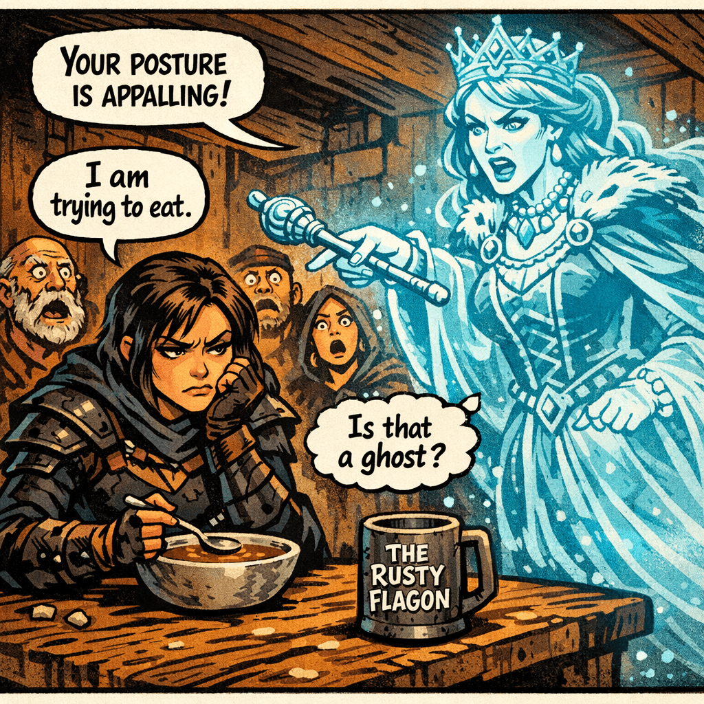 Queen Valdris has taken her duties as royal tutor very seriously. She follows Sera everywhere — the tavern, the market, even the rooftops during heists — correcting her posture, critiquing her manners, and loudly narrating every social blunder to anyone who can hear. The other patrons of The Rusty Flagon are starting to stare. Sera is starting to think jail might actually be quieter.