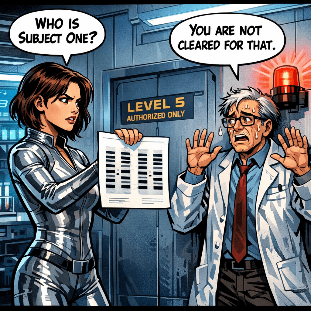Elena didn't run. She went back to her room, hacked the lab's research terminal, and printed out the one thing she wasn't supposed to see: six DNA profiles, all identical, all labeled Subject 1 through 6. Her own was last. Now she's in Dr. Harmon's face with the evidence, and he's not denying anything. But he's also not answering the question she needs answered most: who is Subject One, and where are they now?