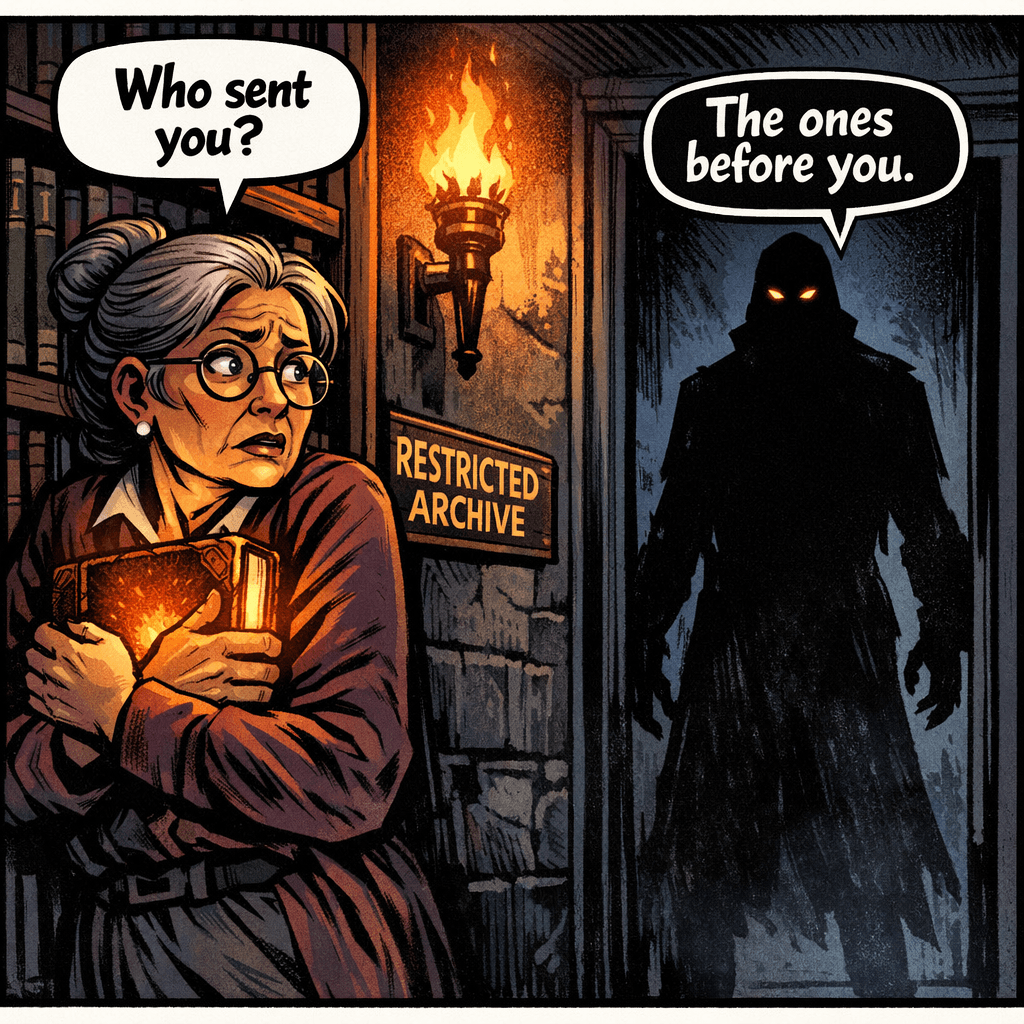 Margaret didn't wait around to find out what would happen next. She grabbed the ledger and ran — but not fast enough. Someone was already waiting in the library's restricted archive, someone who knew what the book was and why her name had appeared. They claim to have been sent by "the ones before her" — meaning others whose names appeared in the ledger. Others who somehow survived.