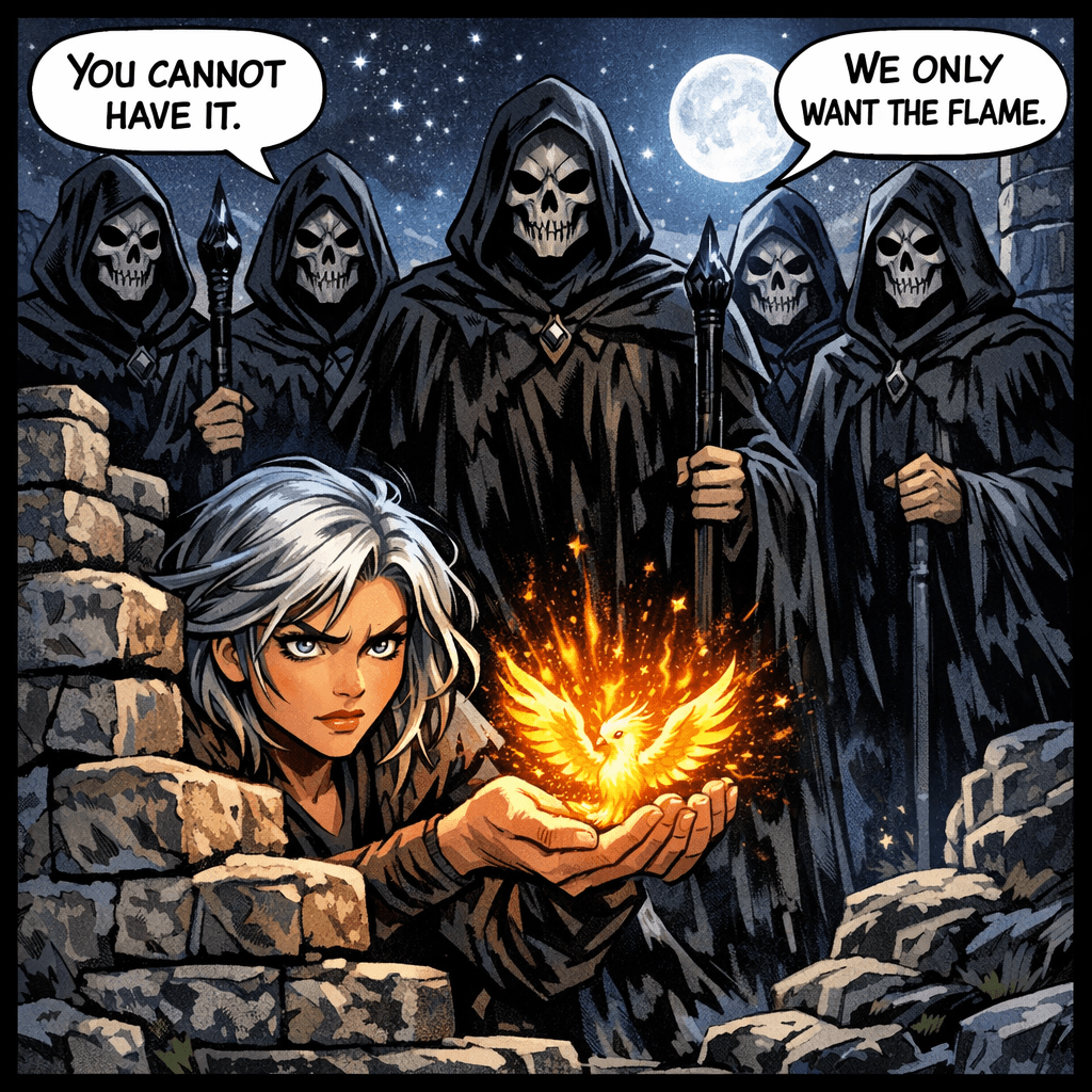 The Shadow Court found her faster than expected. Five of their agents have surrounded Kira on the clifftop ruins, demanding she surrender Emberheart. They claim the phoenix belongs to the Court — that the last bonding a thousand years ago was a theft, not a choosing. Kira doesn't know if that's true. But as the tiny bird blazes hotter in her hands, she knows one thing: she's not giving it up without a fight.