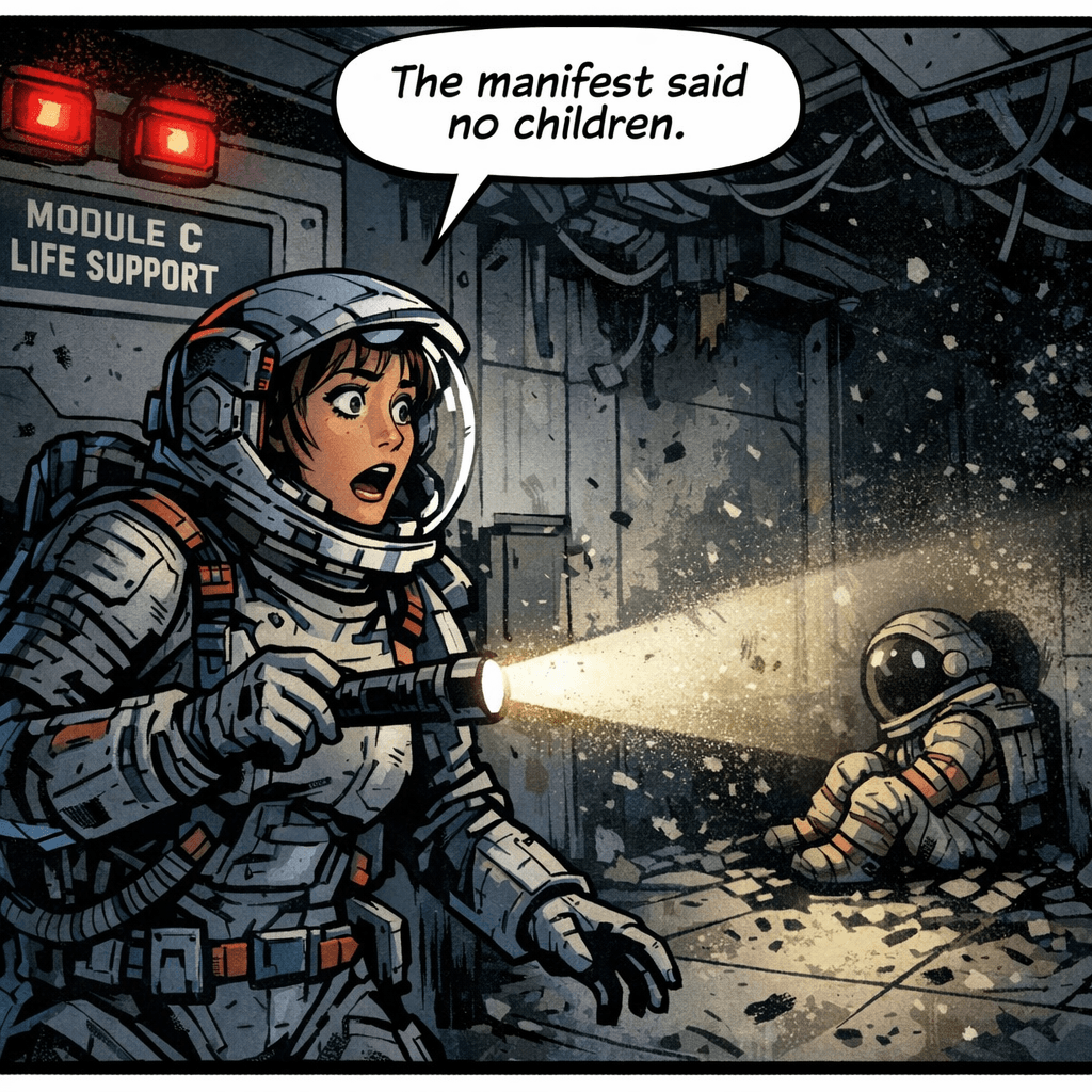 Sarah moved deeper into the station, past the message on the window, following the faint hum that shouldn't exist on a dead station. Module C. Life Support. Her flashlight swept the corridor — and stopped. In the corner, motionless, sat a small figure in a child-sized EVA suit. The crew manifest listed no children aboard Kepler-9. It never had. So who was this, and how long had they been sitting here alone in the dark?