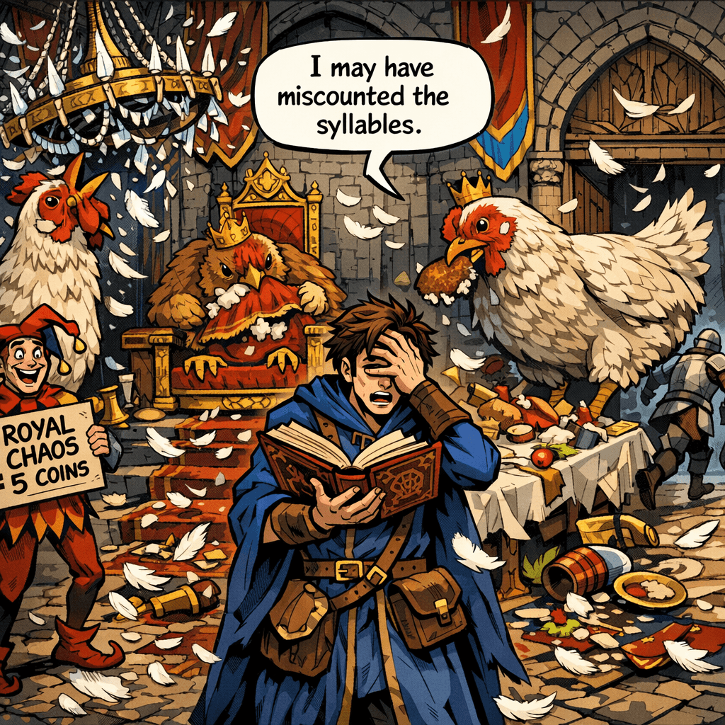 Thaddeus's third attempt at reversal was going so well — until he sneezed mid-incantation. There are now three giant chicken kings. All of them are equally furious. All of them are equally enormous. The jester has already started charging admission. The Royal Treasury is not going to cover this.