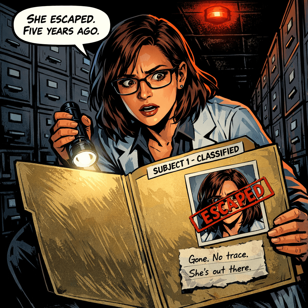 Dr. Harmon wouldn't tell her. So Elena told herself. While the lab slept, she broke into the physical archive and found the one file she wasn't supposed to exist: Subject One. Same face. Same hands. Same eyes. But her file was stamped ESCAPED — five years ago, three weeks before Elena's earliest memory. Someone got out. And inside the folder, tucked beneath the photo, was a torn scrap of paper with four handwritten words: 'Run, Six. Get out.'