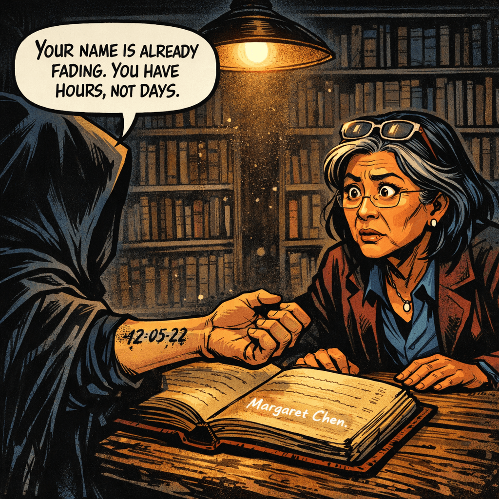 The stranger pushed back their sleeve. There, burned into the skin of their inner wrist, was the same handwriting Margaret had seen at the bottom of the ledger — a name and a date, long past. 'I was listed fourteen years ago,' the stranger said quietly. 'I survived. But only because someone showed me what you're about to learn.' They pointed at the ledger. Margaret looked down. Her name — so solid and fresh only minutes ago — was already beginning to pale. Fading. 'You have hours,' they said. 'Not days.'