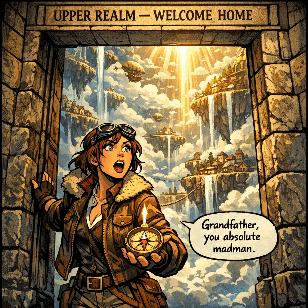 The door opened. And beyond it — a world. The Tower of Aethon wasn't a tower at all. It was a gateway to an entire civilization living above the clouds: floating platforms, rope bridges, waterfalls running upward, villages Amelia had no name for. Her grandfather's compass stopped spinning for the first time in her life. The needle pointed straight up and held steady. She stood at the threshold for a long moment. Then she stepped through.