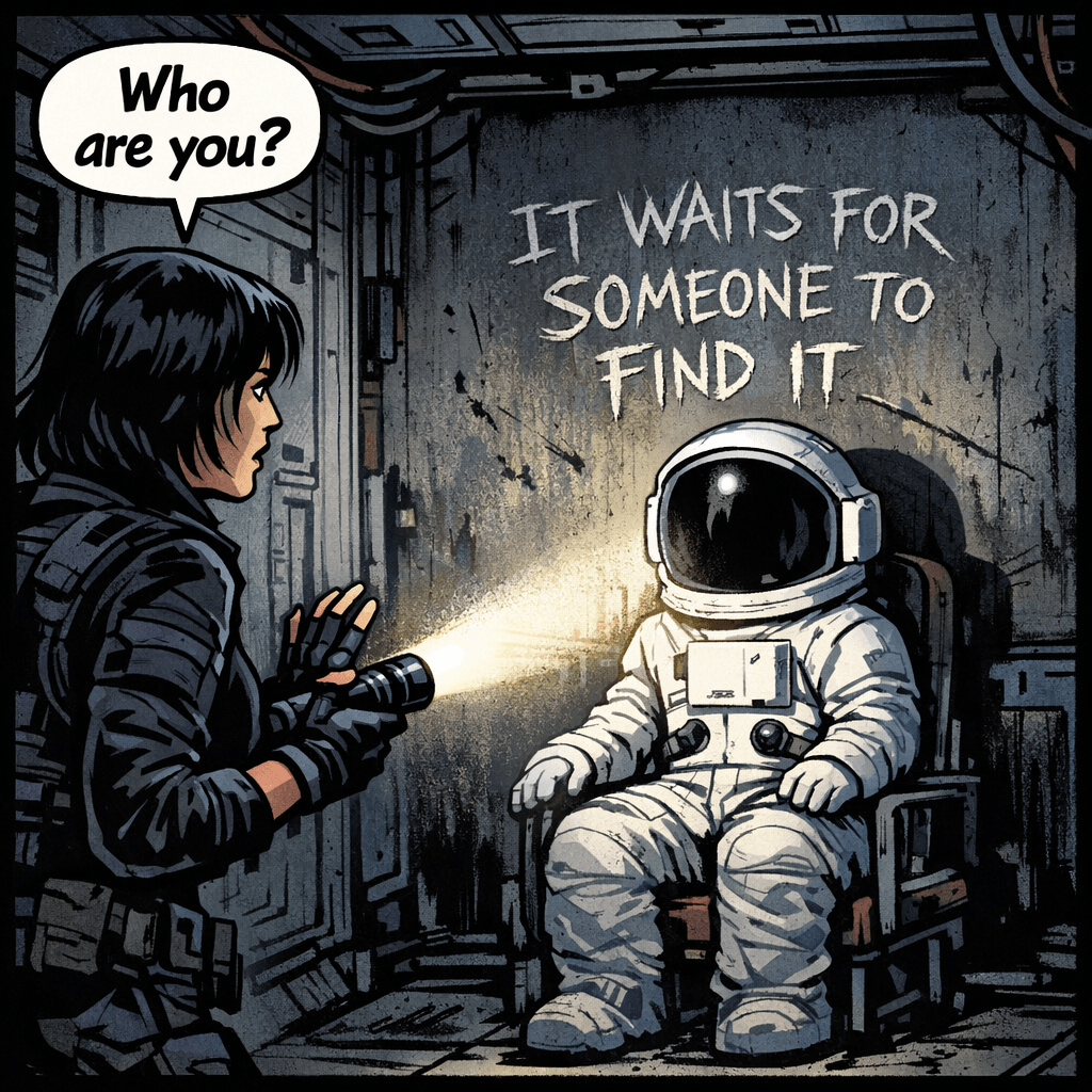 It heard her coming. Or maybe it had always been facing that way — it was impossible to tell. The figure in Module C began to turn, slowly, as Sarah's flashlight swept across it. The EVA suit was flawless. No dust. No scratches. Pristine white in a station that had been dark for three weeks. The visor turned toward her. Inside: nothing. Just black. And behind the figure, scratched into the wall in long deliberate strokes, words she hadn't noticed before: IT WAITS FOR SOMEONE TO FIND IT. Sarah did not move. Neither did it.
