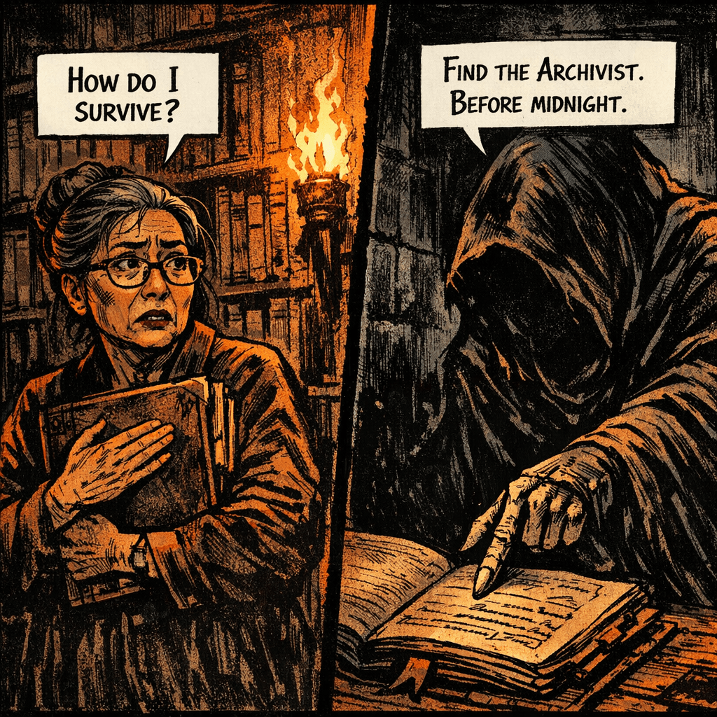 Margaret's voice barely holds steady as the ledger grows lighter in her hands — her name fading faster now. The stranger's urgency is unmistakable: find the Archivist before midnight, or her name disappears entirely. But the Archivist is a legend whispered among the archivists of Ashworth Library — a figure said to have written the original ledger over two centuries ago. Dead and gone. Unless they aren't.