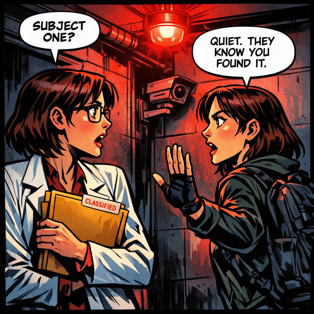 Elena barely made it around the corner before she froze. Standing in the red-lit corridor, backpack on her shoulder and hand raised in warning, was a face she recognized — because it was her own. Subject One. The one who escaped five years ago. The one who left the note. She was here, inside the facility, and her first words weren't a reunion. They were a warning.
