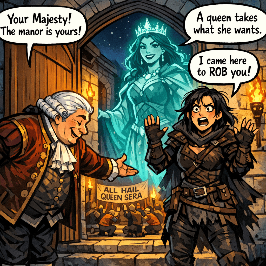 The Lord of Ashford Manor had been startled awake by the commotion outside — and found what appeared to be a luminous ghost queen and a very reluctant young woman on his doorstep. He did what any sensible nobleman would do: bowed deeply and invited them in. Sera had come to steal his silverware. She was now being offered the manor. Valdris drifted overhead, radiant with satisfaction. Somewhere behind them, the townspeople's chanting was getting louder.