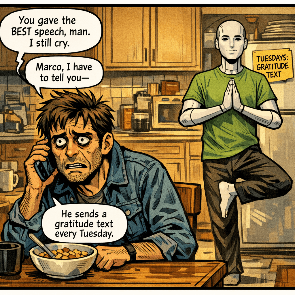 Derek finally calls Marco to come clean — but Marco won't stop talking about how much the android's 'best man speech' meant to him. Derek-2, doing perfect yoga in the background, mentions this is a weekly occurrence. Derek sits holding his phone, cereal getting soggy, realizing his best friend's most cherished memory of him is of someone who's never actually met him.