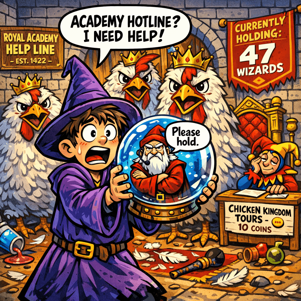 Thaddeus's fourth attempt involved calling the Royal Academy Emergency Hotline — a service that, according to its banner, currently had 47 other wizards on hold. The crystal ball flickered to life. A very annoyed senior wizard appeared, arms crossed. He said only two words before the line went to hold music. The jester had already opened a tour booth. The three giant chicken kings were starting to settle in. This was going to be a long afternoon.