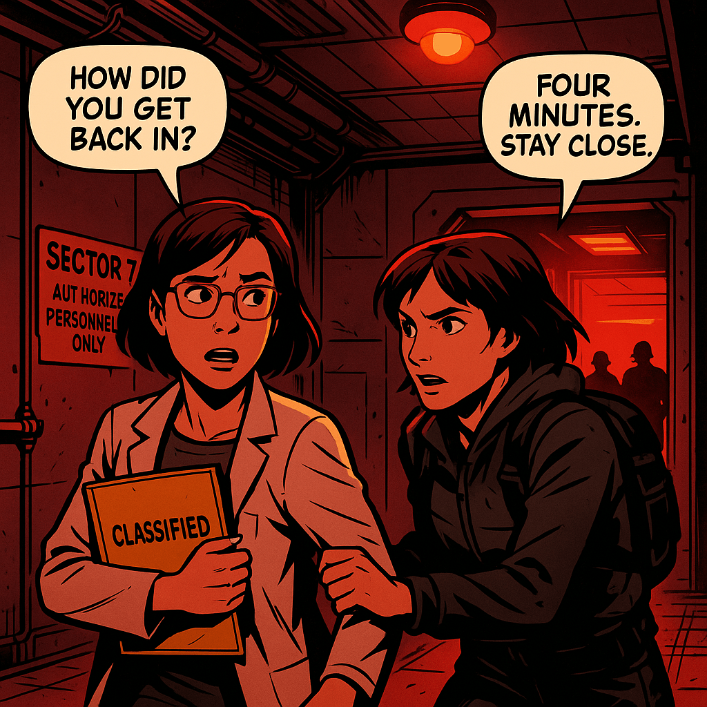 Subject One's name was Mara. She'd been back inside the facility for six hours — long enough to find Elena, not long enough for anyone to notice. The alarm hadn't tripped yet. That meant they had maybe four minutes. Mara didn't explain how she'd survived five years outside. She didn't explain the scar on her arm or the code she punched into the panel. She just grabbed Elena's wrist and ran.