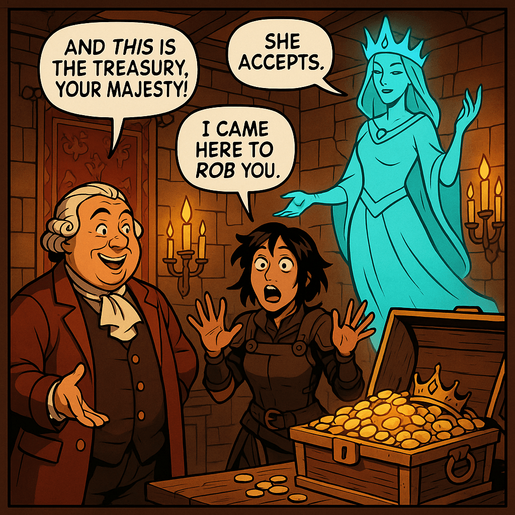 Sera had a plan. It was the same plan she always had: take what wasn't nailed down and leave before anyone noticed. The problem was that Lord Ashford kept following her around showing her more things to take. Valdris had declared the east wing 'acceptably appointed' and was now rearranging the portrait gallery. Outside, someone had set up a food stall. The townspeople were going to be there a while.