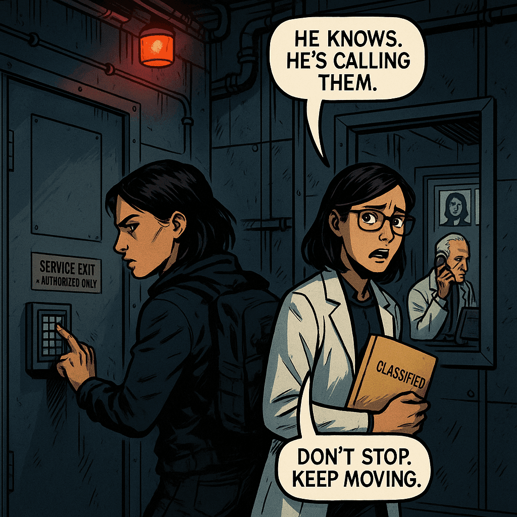Three minutes and forty seconds. The service exit had a seven-digit code Mara entered without slowing down. Elena didn't ask how she knew it. Then she made the mistake of looking through the corridor window. Dr. Harmon was at his terminal. Their photos were on the screen. And he was on the phone. 'She found the file,' he was saying. 'Both of them are in the building.' A pause. Then: 'Yes. Activate Protocol Seven.'