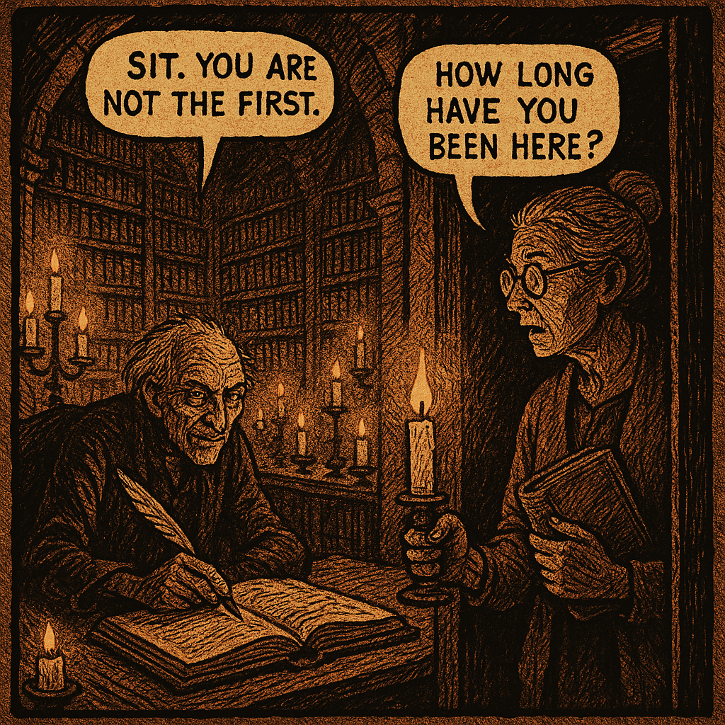 The room beyond the door shouldn't have existed — too large, too filled with too many years. The candles weren't wax. The ledgers stacked to the ceiling weren't paper. The figure at the desk had been writing for so long the quill had worn a groove in the wood. They looked up at Margaret with eyes that had seen everything and forgotten nothing. 'Sit,' said the Archivist. 'We have until midnight. Perhaps a little after.'