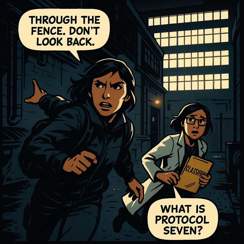 The door opened. Cold air hit Elena like a fist — she hadn't breathed unfiltered air in six months. They ran. The loading dock was dark. The fence at the far end had a gap Mara clearly already knew about. Behind them, Elena heard the building's external security lights come on one by one. All of them. Every floor. Protocol Seven wasn't a pursuit protocol. She understood that now. It was a containment one.