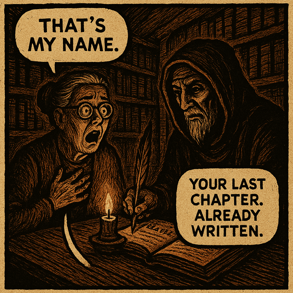 Margaret sat. The candle between them threw his face into amber relief — ancient, unhurried, watching her with the patience of something that had been waiting a very long time. He turned the open ledger to face her. Her name was at the top of the page. The final line was already written. 'How?' she whispered. The Writer set down the quill. 'Everyone asks that,' he said. 'No one asks what it says.'
