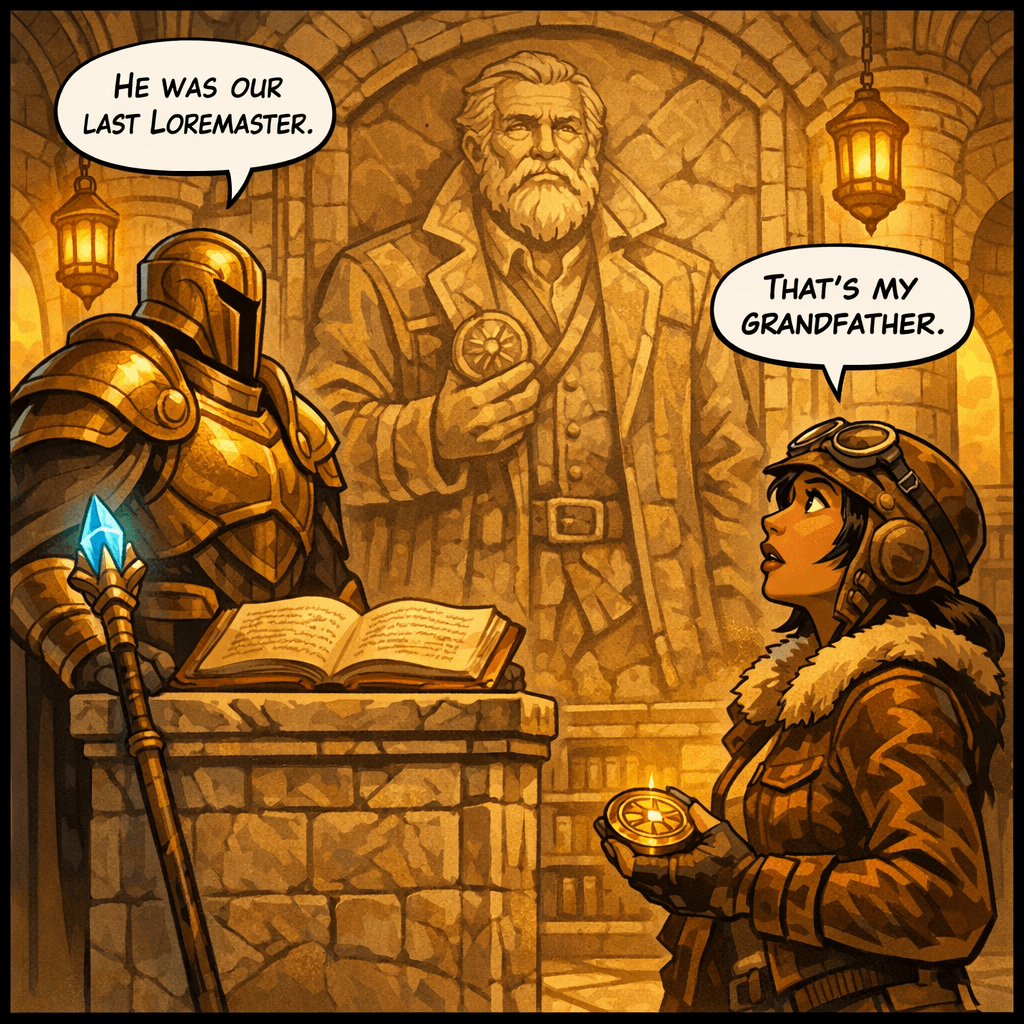 Adras led her past the main plaza, past the Hall of Winds, past three checkpoints where other Sky-Keepers fell silent as they passed — and stopped in the Archive of Loresmasters. The room smelled of old stone and something older. Three hundred years of silence. In the centre stood a carved stone statue of a man in a long explorer's coat, one hand raised, holding a compass. Amelia recognized the jaw. The brow. The worn-in patience of someone who'd been somewhere he shouldn't be and found he didn't want to leave. 'He was our last Loremaster,' Adras said. 'He asked us to wait for whoever came next with his compass.' He paused. 'We did not expect it to take seventy years.'