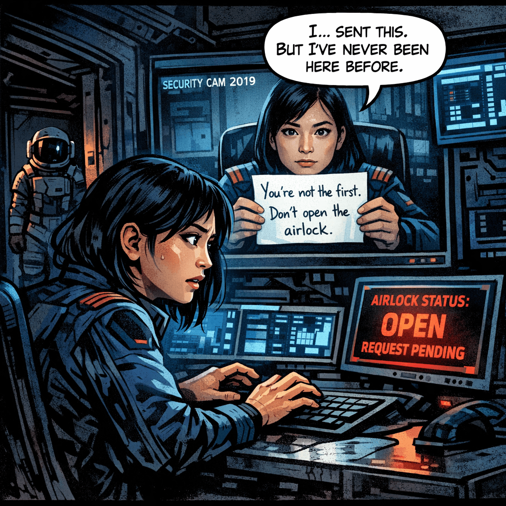 She pressed play. The woman on the 2019 footage didn't speak. She looked straight into the lens with the certainty of someone who knew exactly who would be watching and when. Then she held a handwritten note up to the camera, close enough to fill the screen: YOU ARE NOT THE FIRST. DO NOT OPEN THE AIRLOCK. Sarah stared at her own handwriting — the specific curl of her Ls, the way she crossed her sevens — unmistakable, impossible. Behind her, the EVA figure hadn't moved. But on the monitor in the corner, a new alert had appeared: AIRLOCK OPEN REQUEST PENDING. Someone — or something — had already pressed the button from the other side.