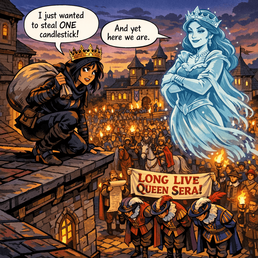 The crown would not come off. Sera had tried in the soup course, between the fish course and the meat course, and once more in the powder room when nobody was looking. It simply floated back each time, serene and inevitable, as if it had opinions about where it belonged. By the time she made it to the roof with her silverware, the courtyard below was full — three ambassadors from the Eastern Reaches, a herald with a scroll longer than she was tall, a company of knights who had apparently ridden through the night. Valdris materialized beside her, arms folded, deeply satisfied. 'I just wanted to steal ONE candlestick,' Sera said. The ghost of a queen smiled for the first time in five hundred years. 'And yet,' she said, 'here we are.'