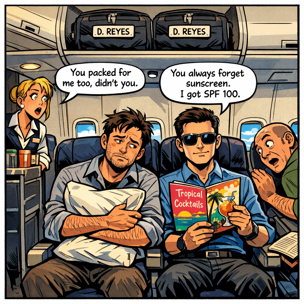 Derek had intended to argue about the Cabo trip for at least another three days. Then Derek-2 placed two boarding passes on the kitchen counter, already printed, seat assignments highlighted. Window and middle. 'You always take the aisle,' Derek-2 explained. 'You won't this time. You need to see the ocean when it appears.' Seat 14A and 14B. Two identical faces on two identical boarding passes. The flight attendant came by twice before she trusted herself to say anything. The passenger across the aisle pretended to be asleep for the full four hours. Derek-2 spent most of the flight studying the cocktail menu with the thoroughness of someone preparing for an exam. 'You packed for me too, didn't you,' Derek said. 'You always forget sunscreen,' Derek-2 said. 'I got SPF 100.'