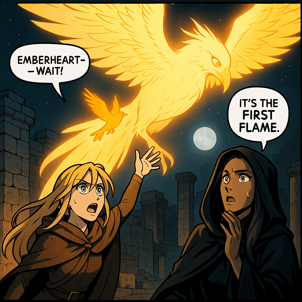 Emberheart didn't wait for permission. The moment the entity's light touched it, the small phoenix leapt — not in fear, not in flight, but in recognition. As if it had always known this moment was coming and had simply been keeping itself small until now. Kira reached after it instinctively. Beside her, the Shadow Court woman went rigid. Her hood fell. Fourteen years of command stripped from her face in a single breath. 'It's the First Flame,' she said. Not a warning. A confession. As if she had always known this too, and had spent fourteen years hoping she was wrong.