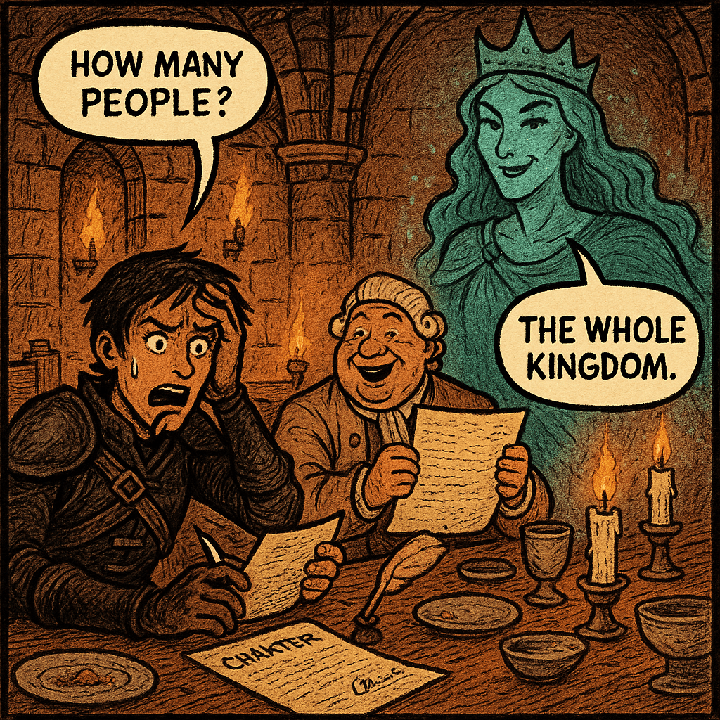 Sera signed. She was going to regret this. She already regretted this. The quill had barely left the parchment when Valdris produced — from somewhere only ghosts can reach — a second document. Her first royal engagement. A public coronation. Tomorrow. The invitations, the ghost queen explained, had already been sent. 'How many people?' Sera asked. Lord Ashford and Valdris answered at exactly the same time. The whole kingdom. Sera looked at the candlestick. She was definitely going to need more silverware.