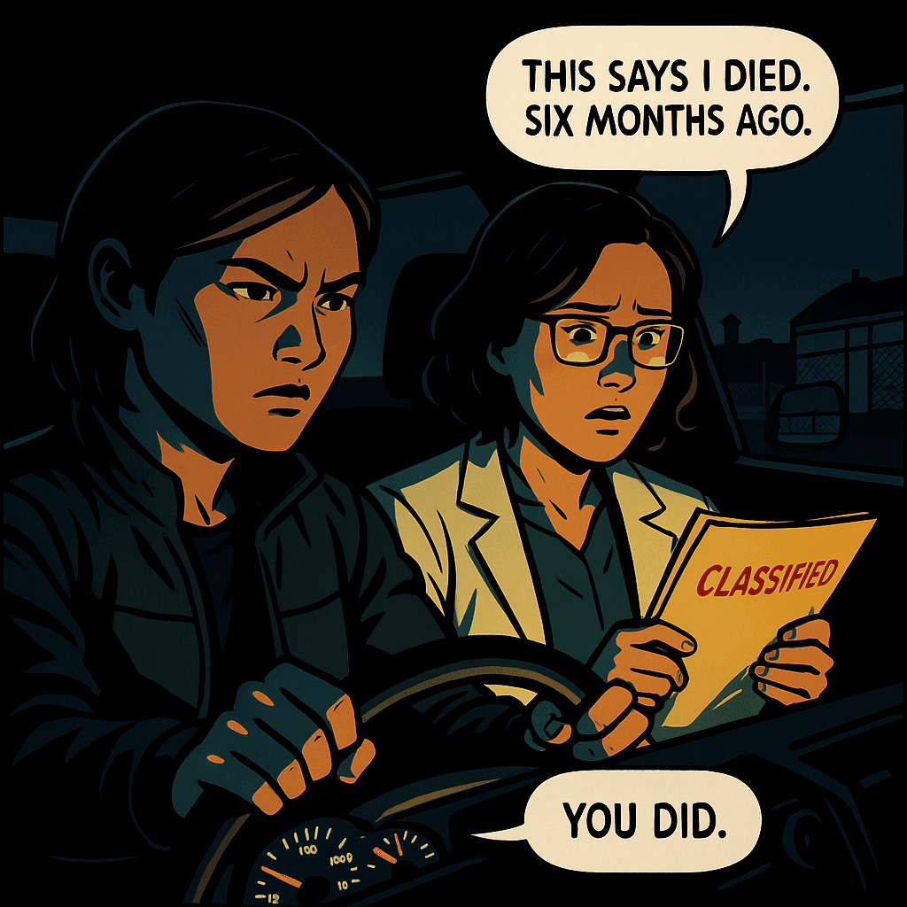 The car was where Mara said it would be. Elena got in without asking whose it was or where they were going. She opened the folder instead — she needed to know what was worth six months of her life. The first page was her file. Standard format. Photo, biometrics, clearance level. She turned to the second page. A death certificate. Date: six months ago. Cause: classified. Signed by the Director. Elena looked up. Mara was watching the road. 'You knew,' Elena said. Mara didn't answer. Which was an answer.