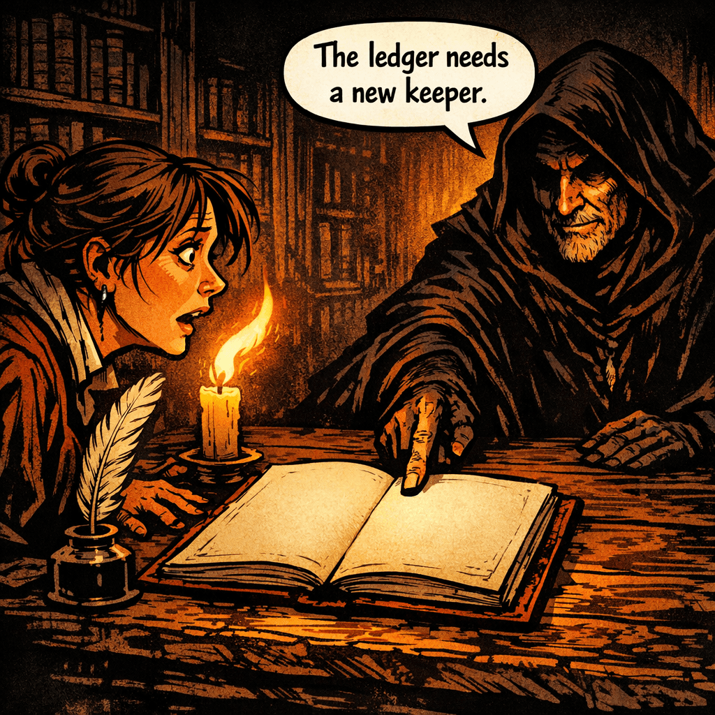 The Writer did not answer. Instead, he closed the ledger — slowly, deliberately — and then slid it across the table toward Margaret with a single extended finger. It stopped in front of her. The quill trembled in its inkwell, as if waiting. The last page she had seen was blank. 'Choose what?' she had asked. Now she understood. Not whether to live. Not whether to run. The ledger needed a new keeper. Someone who wouldn't flinch at the names. Someone who already loved books more than she feared them. The Writer folded his ancient hands. 'You've been reading your whole life,' he said. 'It's time to write.'