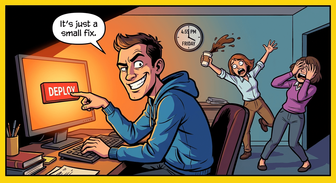 It was 4:55 PM on a Friday. The sprint was done. The tickets were closed. The PR had one approval and zero comments — the most dangerous kind. Marcus hovered his cursor over the deploy button like a man who had never once been paged at 2 AM. His coworkers saw it happening in slow motion: Janine's coffee tilted past the point of no return, Derek covered his eyes with both hands, and somewhere in the distance, a Slack notification chimed like a funeral bell. 'It's just a small fix,' Marcus said, with the confidence of a man who had clearly never read his own git diff. The button clicked. The office held its breath. And the deploy pipeline — that beautiful, fragile, duct-taped pipeline — began to run.