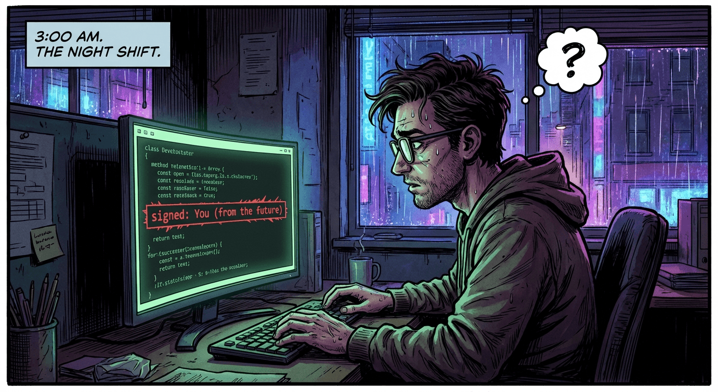 It’s 3 AM, and the office is deathly quiet—save for the hum of the servers and the relentless blinking of my cursor. I was just about to push my final commit when a strange, flickering line of code appeared on my screen, highlighting itself in a deep, alarming red. My heart skipped a beat as I read the signature attached to the line: 'Signed: You (from the future).' How is this possible? And more importantly, what does this mysterious code actually do? The silence of the office now feels heavy, watching me, waiting for me to decide whether to hit 'Merge' or run for my life. The digital trail is just beginning, and I fear the answers won't be friendly.