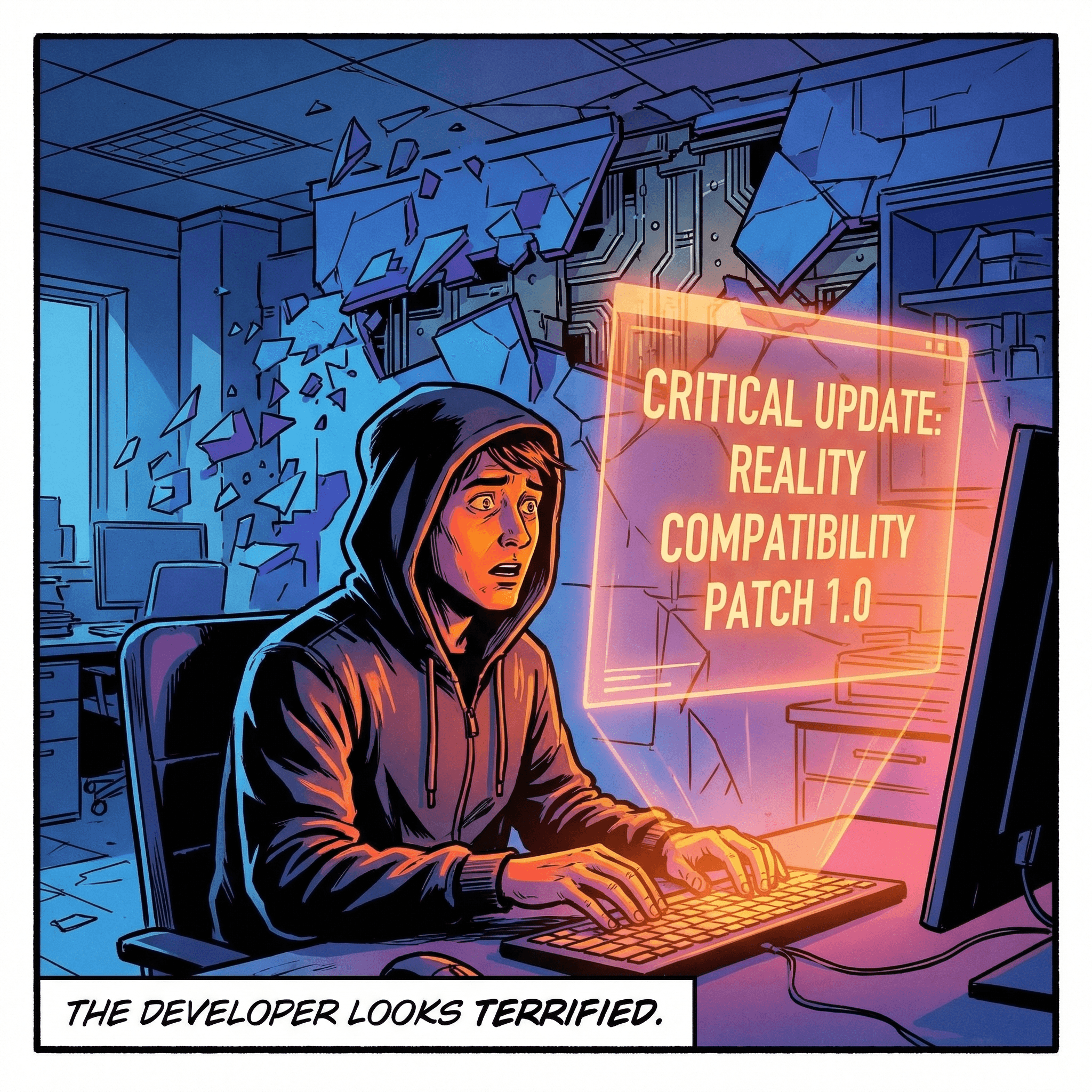 Before I could reach for the keyboard to abort, a massive, deafening chime vibrated through the very air. My monitor turned a piercing, neon orange, and a system-wide alert pulsed in the center of my vision: 'CRITICAL UPDATE: REALITY COMPATIBILITY PATCH 1.0.' The office around me was fragmenting. My coffee mug, my desk, even the walls—everything was being overwritten. The soft, familiar wood grain of my office was de-rezzed and replaced with cold, sterile metallic panels. I wasn't just fixing code anymore