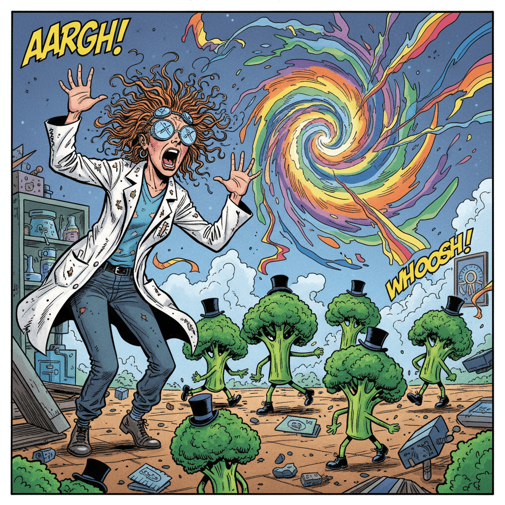 Dr. Penelope Wiffle, a brilliant but perpetually clumsy temporal physicist, attempts to 'optimize' the Big Bang by adding an extra dash of 'cosmic glitter.' She accidentally sends herself and her entire lab into a pocket dimension where everything is made of sentient, tap-dancing broccoli. The scene captures the exact moment of cosmic miscalculation—Penelope's arms flailing, one hand still clutching a comically oversized glitter shaker, her sophisticated temporal physics equipment disintegrating around her. The ground, trees, and even small hills transform into giant anthropomorphic broccoli florets, each sporting tiny tap-shoes and top hats, performing an elaborate synchronized routine. In the background, a swirling rainbow-colored wormhole rapidly closes, sealing her fate in this verdant, vegetable nightmare. A small sentient test tube with wide, googly eyes floats nearby, looking utterly horrified at the unfolding chaos.