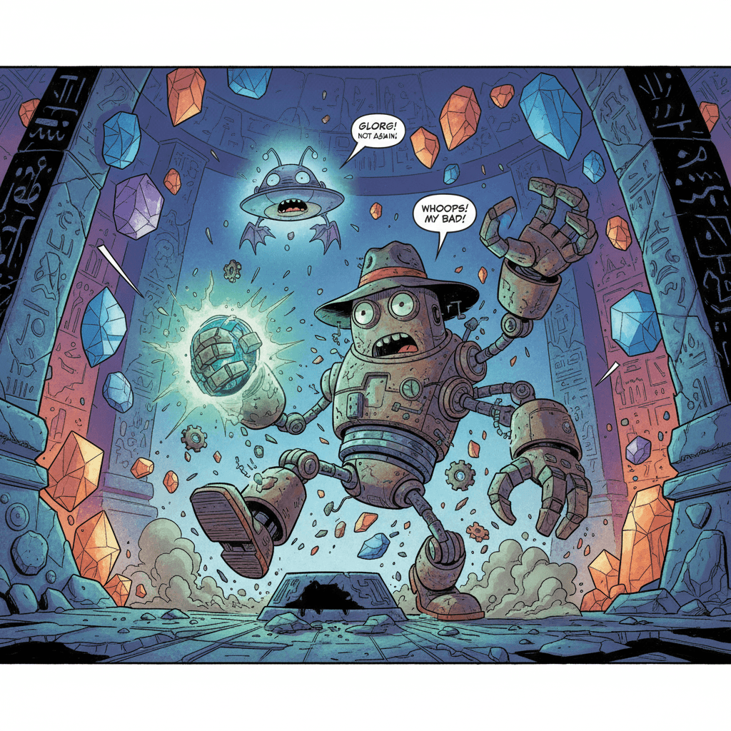 Meet Rusty, a malfunctioning archaeology bot who just unearthed something that definitely should have stayed buried. The artifact is humming, the temple is shaking, and his floating alien sidekick Bleep is already calculating escape trajectories. Rusty's warranty expired 300 years ago, but his sense of adventure is still running on full battery.