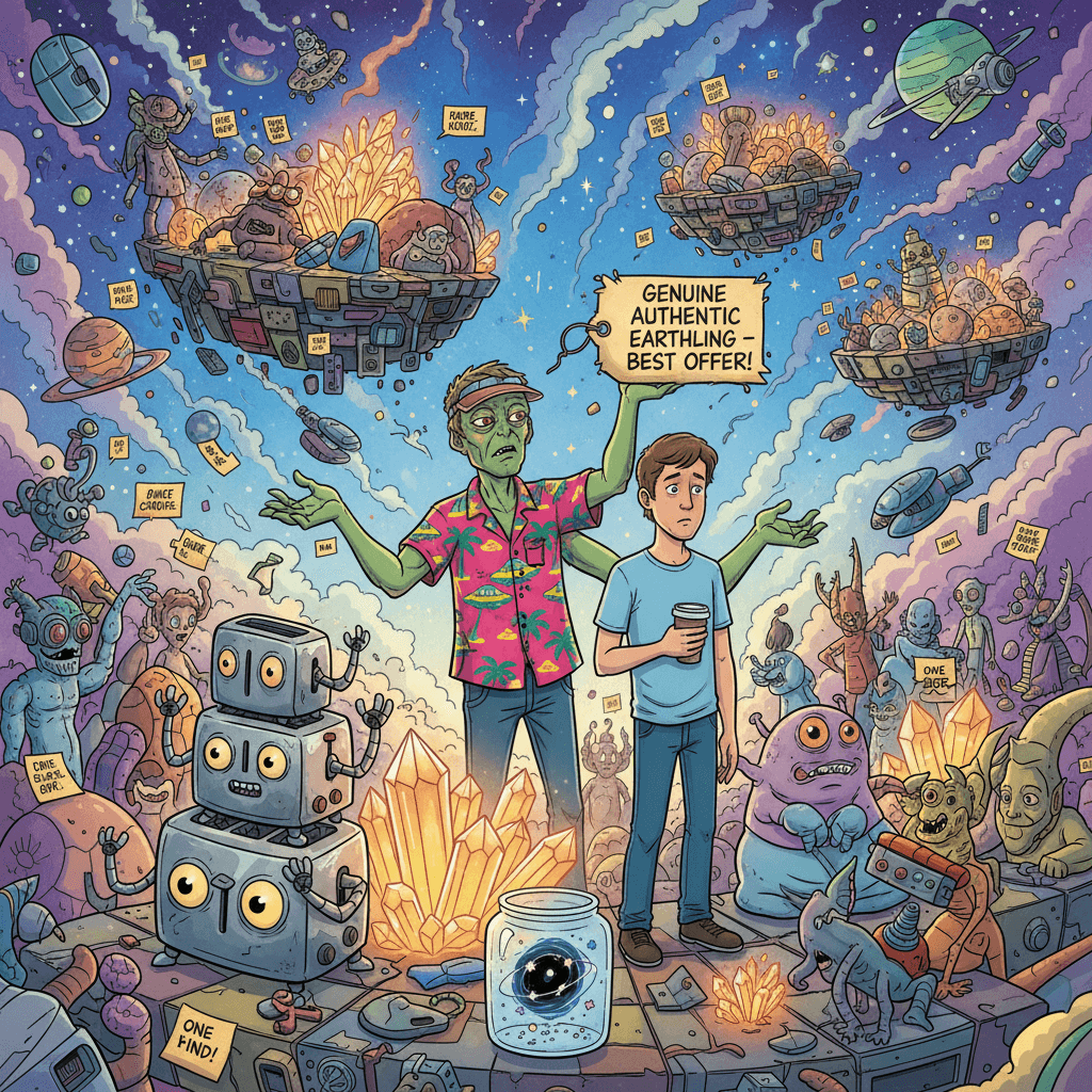 Zorp, a three-eyed alien vendor in a neon Hawaiian shirt, tries to sell a confused human labeled 'Genuine Authentic Earthling' at a chaotic floating marketplace between dimensions. The human, holding a coffee cup and wearing jeans, looks bewildered among piles of cosmic junk: glowing crystals, sentient toasters, and a miniature black hole in a jar. Is this a business transaction or an abduction?