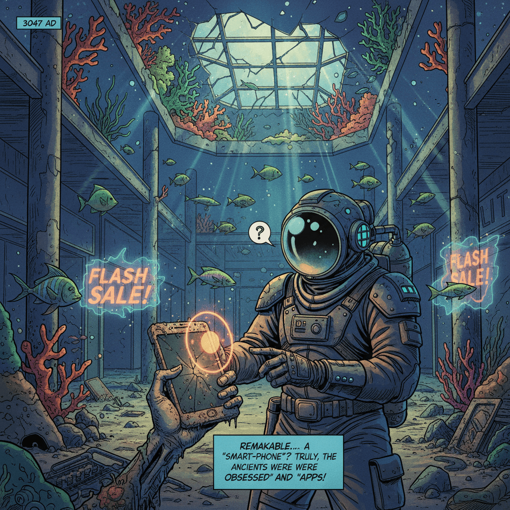 Dr. Zyx-9, chrononaut archaeologist, descends into the flooded ruins of what ancient texts call 'The Great Mall of Consumeria.' Her scanner beeps wildly at a primitive communication device—some kind of 'smart phone.' But why does it still have 3% battery after 1,000 years? And who just sent it a push notification?