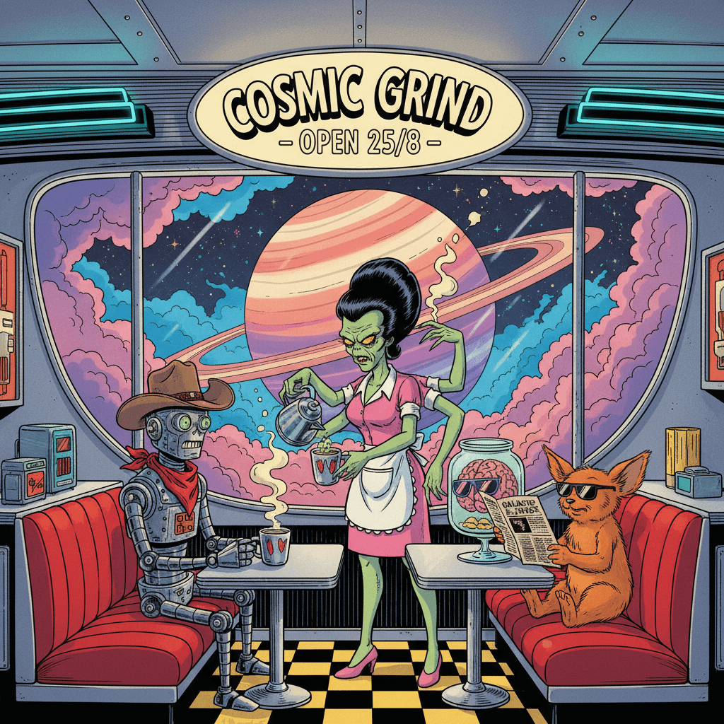 Glorb the six-armed waitress has seen it all in her 300 years at The Cosmic Grind, the only space diner orbiting Jupiter that serves coffee hot enough to melt titanium. Today's regulars include Rusty the robot sheriff (who only drinks oil with a splash of regret), Professor Cortex (a disembodied brain who insists his sunglasses make him look 'mysterious'), and Mr. Fluffles (who's actually a feared galactic warlord in disguise... or just a really intense cat). But when a mysterious stranger in a hooded cloak orders 'the special,' Glorb knows this shift is about to get very interesting.
