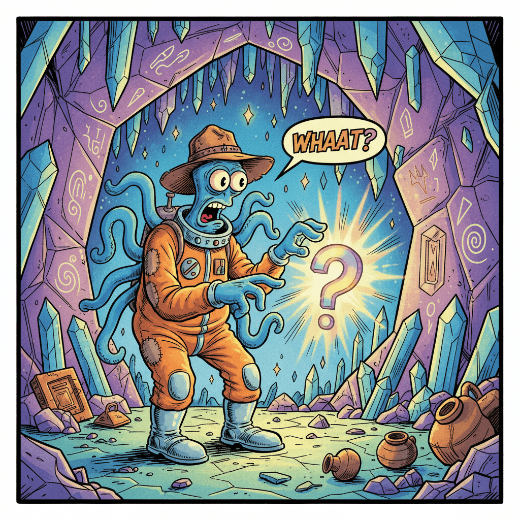 Professor Bloop, a tentacle-armed alien archaeologist with wide curious eyes and a dusty explorer hat, stands in amazement before the legendary Artifact of Questions in the crystalline caverns of Xenon-7. The ancient relic glows with brilliant rainbow light and is shaped like an enormous question mark. After decades of searching across seven galaxies, stumbling through booby traps, and accidentally setting off countless alarm systems, Bloop has finally found it. But as he reaches out with trembling tentacles to touch the mysterious object, he notices a small inscription carved at the base.