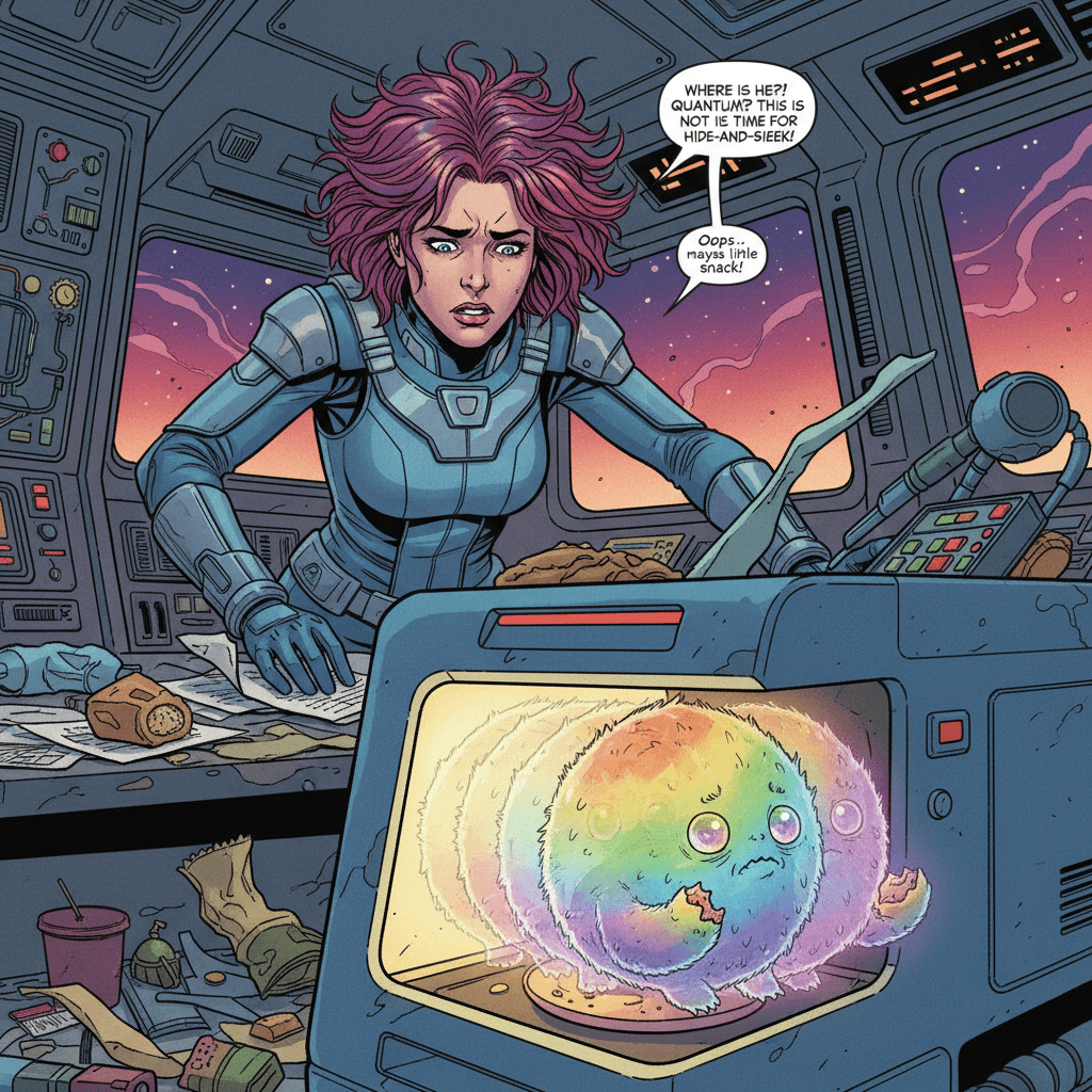Captain Jax searches frantically through her cluttered cabin, only to find her Quantum Puff halfway through the food replicator, munching on emergency rations. The creature's multiple dimensional echoes create a trail of rainbow afterimages. 'Bad Puff! Those were for the asteroid run!' she sighs, realizing interdimensional pets come with interdimensional appetites.