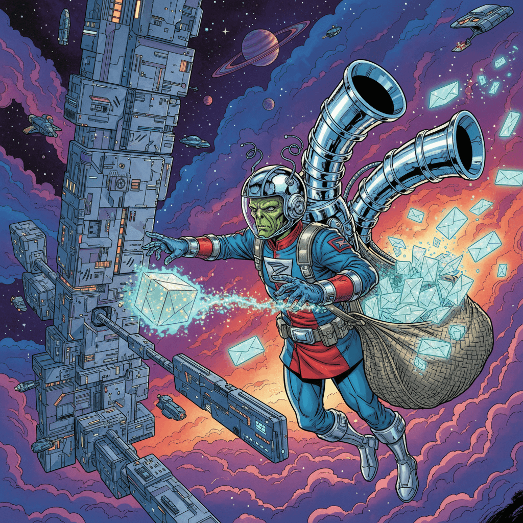 In the vast expanse of Sector 9, Zorp-X the alien mail carrier drifts through space in his classic postal uniform, complete with a helmet adorned with antenna. His ingenious jetpack, crafted from mail tubes, propels him through the cosmos. His mail bag overflows with glowing holographic envelopes. He floats outside a sprawling space station with thousands of docking bays, chasing after a rogue package that emits sparkles. The mysterious Priority: COSMIC parcel drifts toward a beautiful nebula of purple and orange clouds. Other mail drones zip by in the background, completing their routes through the cosmic postal network.