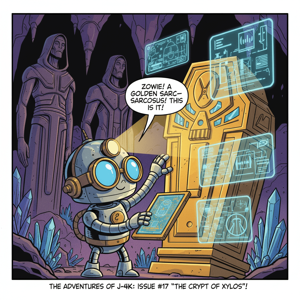 J-4K (Jack), a curious robot archaeologist with a headlamp and oversized magnifying glass goggles, discovers a glowing golden sarcophagus deep within an ancient alien tomb on the remote moon of Xylos-7. The sarcophagus is etched with mysterious glowing symbols that pulse with ancient energy, and holographic data streams float around the discovery like ghostly fireflies. Towering alien statues with multiple eyes stand sentinel around the chamber, their stone faces worn by eons of silence. Crystalline formations refract purple and gold light throughout the cavern. Jack's optical sensors widen with excitement as his metallic hands hover near the artifact. He has finally found the legendary Tomb of the Forgotten King — but the inscription carved above the sarcophagus warns in a language his universal translator barely recognizes: 'He who wakes the sleeper shall inherit the stars... and the consequences.' Jack must now decide whether to open the tomb and claim its secrets, or respect the warning and leave the ancient mystery buried in the darkness where it has rested for ten thousand years.