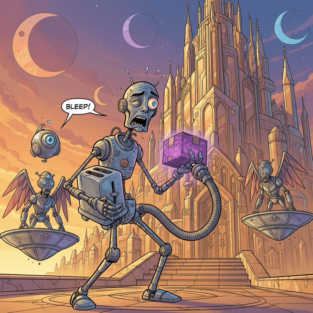Z-9 (or "Zed" as he prefers) stands frozen in panic at the doorstep of a floating crystal palace on Planet Xyloph-9. His delivery package glows ominously purple, and behind him, ancient alien statues with multiple eyes are beginning to crack and glow red. His tiny hovering drone companion Bleep hovers nervously nearby, beeping frantic warnings. The palace towers above with iridescent spires catching the golden sunset light, while three moons hang in the alien sky. This was supposed to be a simple delivery gig, but Zed's anxiety circuits are firing at maximum capacity. His toaster arm is sparking nervously, and his vacuum hose arm keeps sucking up small rocks from the palace steps. Somewhere in his memory banks, he's regretting every life choice that led him to this moment. The question isn't whether something will go wrong—it's how spectacularly wrong it will go, and whether his warranty covers "accidental intergalactic incidents."